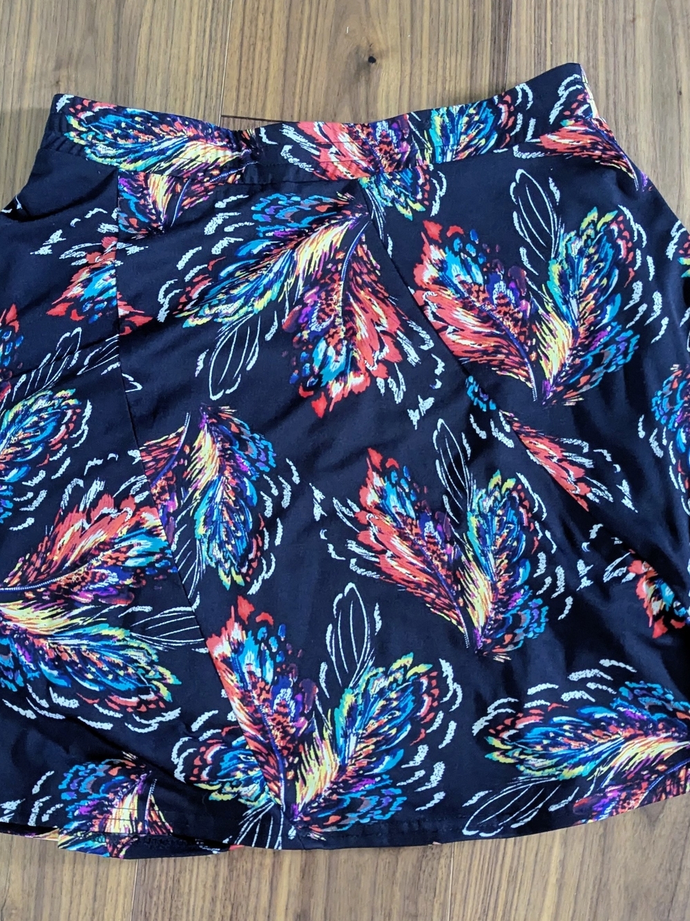 Margaret M Black Circle Skater Skirt with Multicolor Feather Print